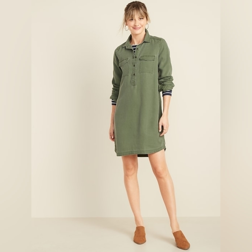 Old Navy Faded Twill Long Sleeve Shirt Dress In Matcha Green Size L NWT
